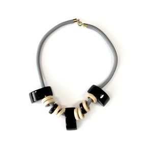 80s Grey Rubber Necklace with Black & Natural Wood Bead Details, 80s Vintage